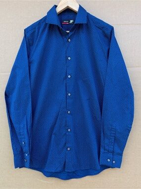 JF J Ferras Men’s Dress Shirt Medium Stretch Polka Dots Navy Blue Slim Fit